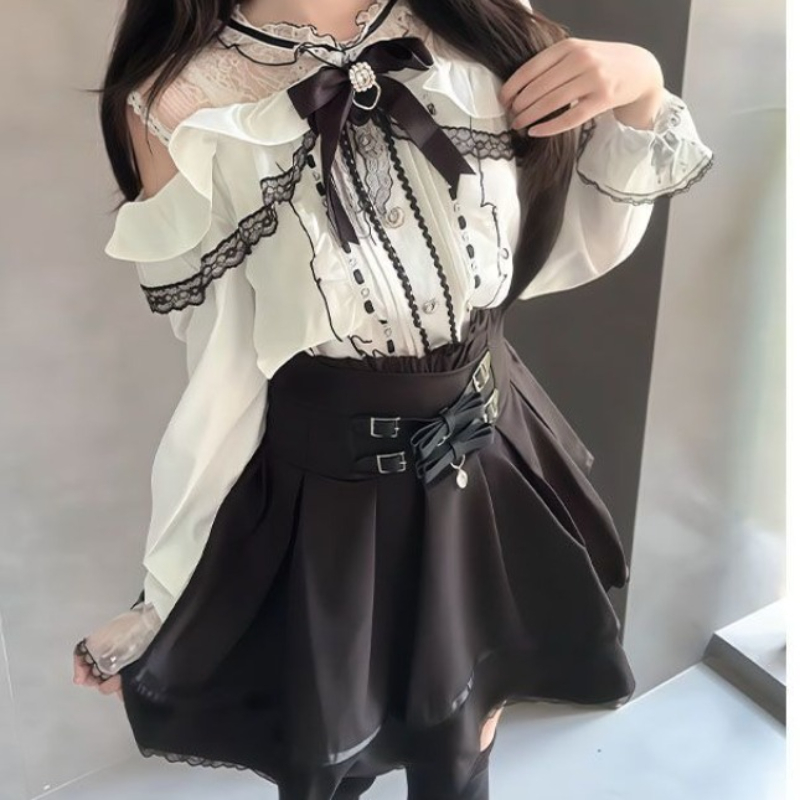 Blouse Off Shoulder - Set Gaya Lolita Y2k Gothic Jepang