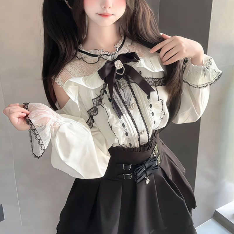 Set Gaya Lolita Y2k Gothic Jep - Blouse Off Shoulder ulasan dan harga